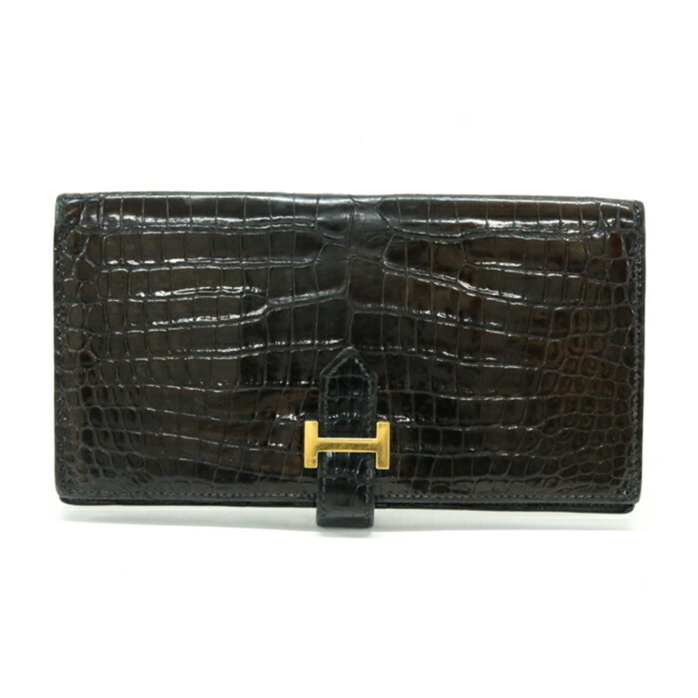 HERMES Bairn Porosas Leather Exotic A Long Wallet Bifold H Crocodile Black